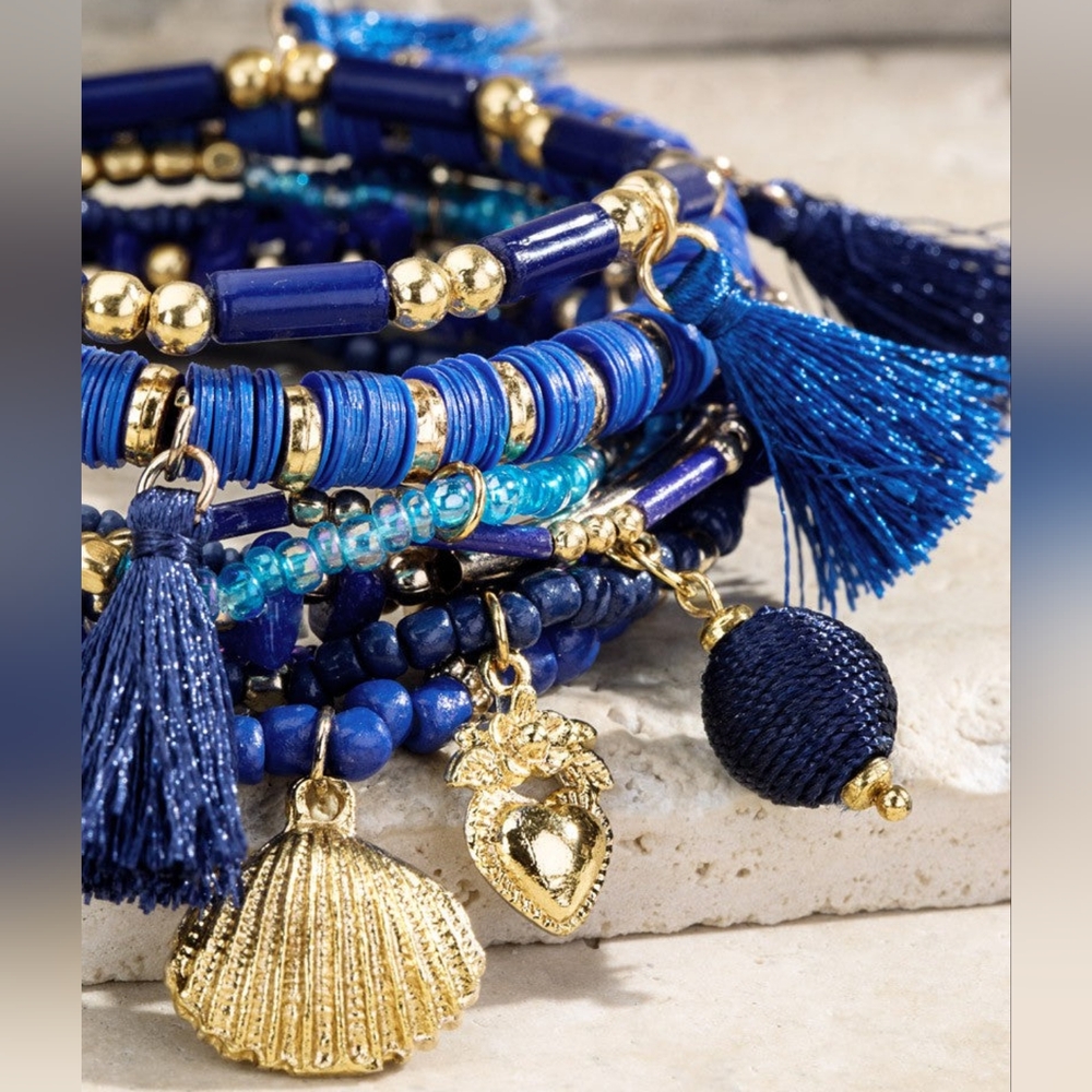 Super Blue Boho Chic Multi Layered Stretch Bracelet Set w/ Golden Charms